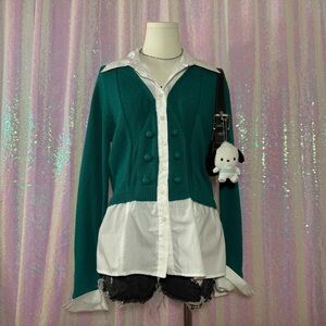 green-blue cardigan w/ built-in white dress shirt